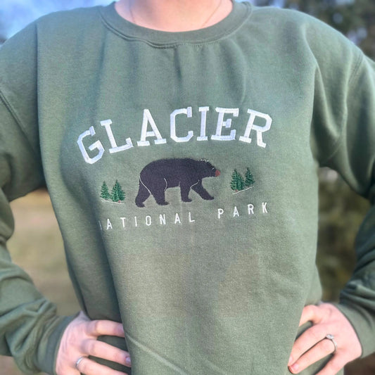 Glacier National Park Black Bear Embroidered Crewneck Sweatshirt