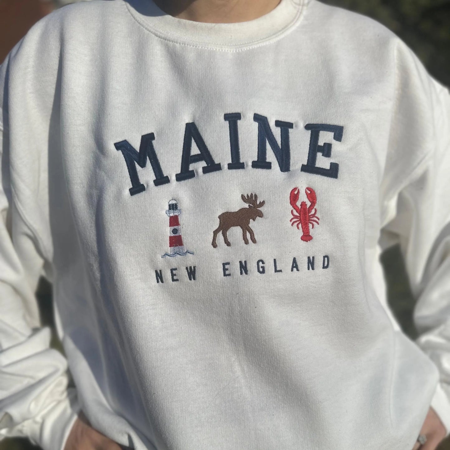 Maine Moose Lighthouse Lobster Embroidered Crewneck Sweatshirt